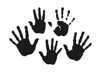 Simple, bold black handprints, likely child's handprints, against a stark white background.
