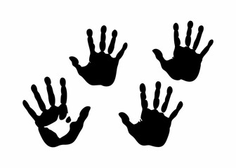 Simple, bold black handprints, likely child's handprints, against a stark white background.