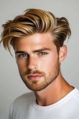 Obraz premium Close-up portrait of a young man with styled blonde hair and beard.