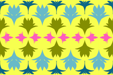 Floral-Inspired Ethnic Geometric Pattern in Yellow, Pink, and Blue &ndash; Seamless Textile