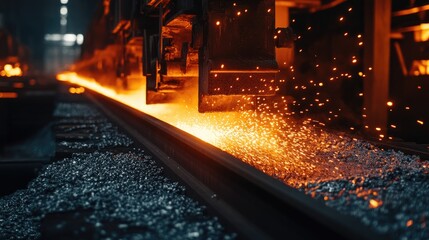 A high-energy steel mill with glowing furnaces and molten metal on a black and gold background