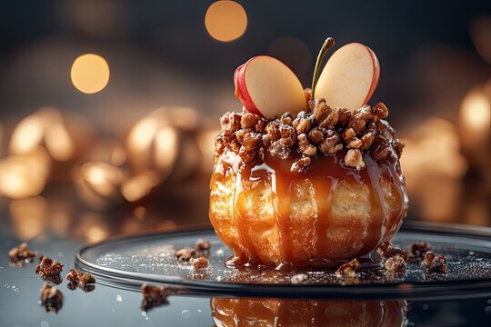 A caramel apple fritter on a glass surface. elegant luxury concept