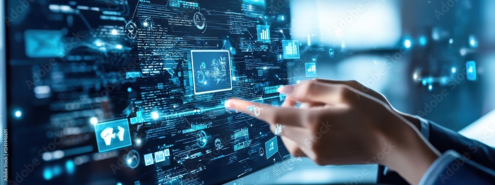 Aufkleber digital touch interaction with futuristic interface on computer screen