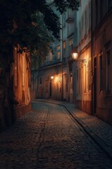 Obraz premium Cobblestone alley at night, dimly lit with warm streetlights, buildings flanking the path.