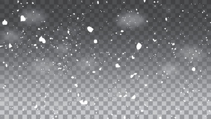 Realistic falling snow with snowflakes and clouds. Vector heavy snowfall, snowflakes in different shapes and forms. Vector illustration.