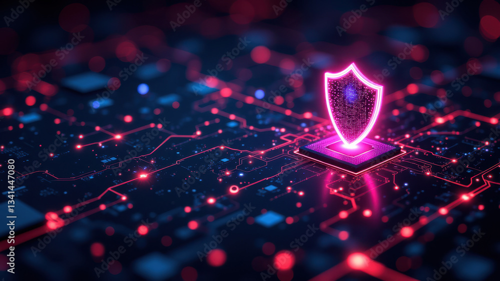 Poster cybersecurity protection symbol with network nodes on a colorful digital background.