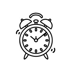 Black and white line art of a ringing alarm clock with two bells on top. The clock hands indicate time, and motion lines emphasize the ringing effect.