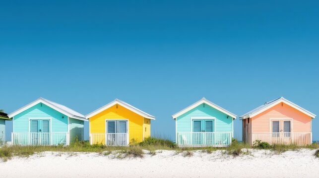 Colorful beach houses on a white sandy beach under a clear blue sky.