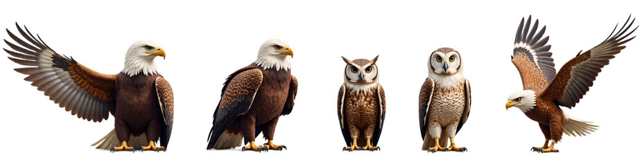 Obraz premium Majestic eagles and owls cutout. Powerful birds of prey digital art illustration. Isolated on transparent background for versatile design projects.