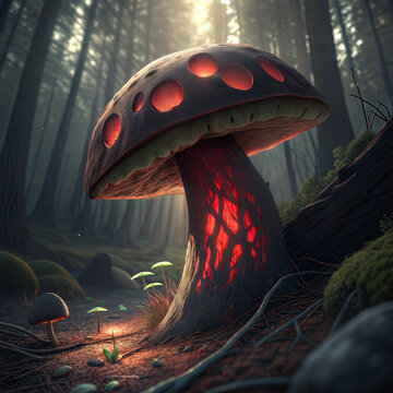 Surreal depiction of Rubroboletus satanas mushroom in enchanting forest with glowing elements