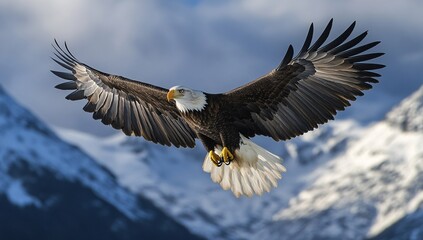 Bald eagle soaring gracefully against a mountain