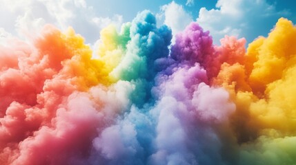 Fototapeta premium Vibrant Rainbow Colored Smoke Clouds Against Blue Sky