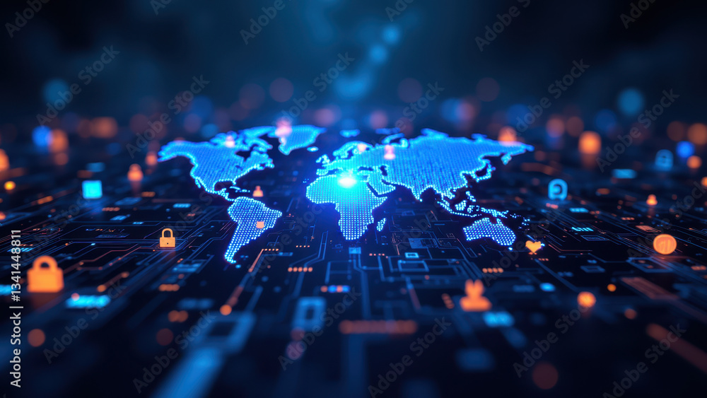 Poster cybersecurity digital globe with circuit board background, symbolizing interconnected global cyberse