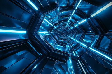Obraz premium A hyper-modern architectural structure with walls, ceilings, and floors made entirely of interconnected hexagonal panels. The sleek metallic surfaces reflect soft blue neon lights, while hidden LED