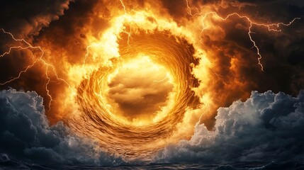 Storm swirl marine weather. A dramatic, swirling vortex of fiery clouds and lightning illuminates the sky, creating a striking and powerful visual effect.
