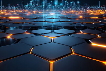 Fototapeta premium A sci-fi inspired 3D background featuring hexagonal windows revealing a glowing, grid-like cityscape beneath. The illuminated urban details add an element of futuristic architecture, evoking a sense