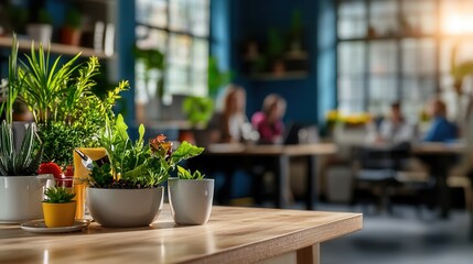 A vibrant collection of potted plants sits on a light wood desk in a busy modern office space with blurred coworkers working in the background.