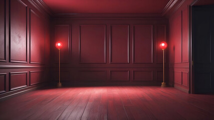 large empty red room with wooden walls facing and two lighting lamps