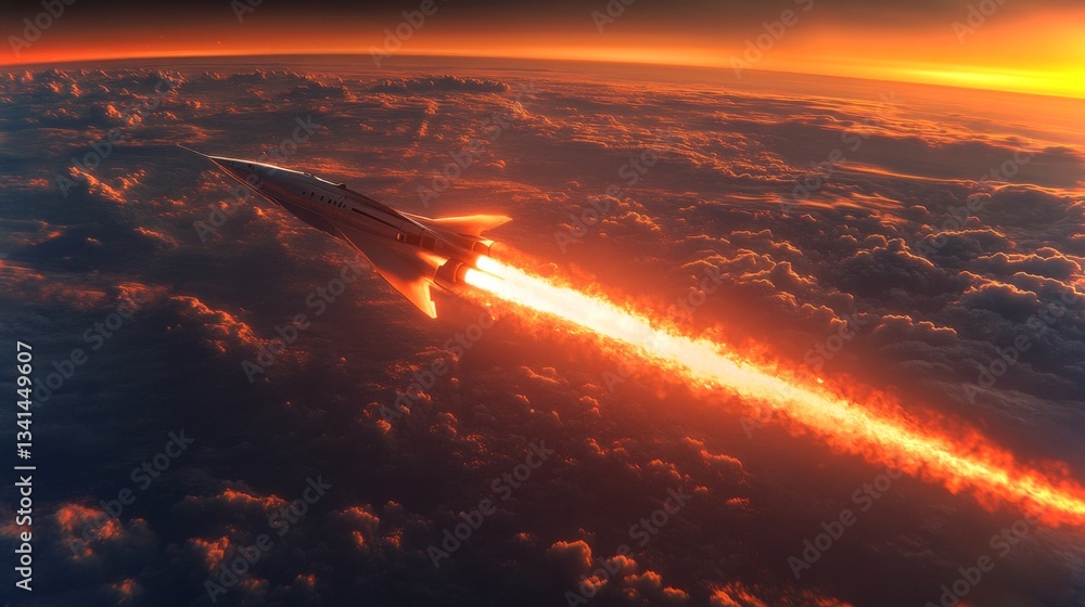 Poster a powerful rocket ascends swiftly into the hypersonic atmosphere, leaving a vivid trail of flames as