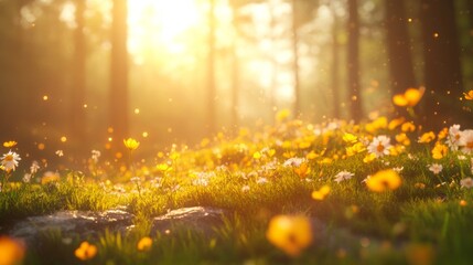 Obraz premium Sunlit Forest Meadow with Yellow and White Flowers