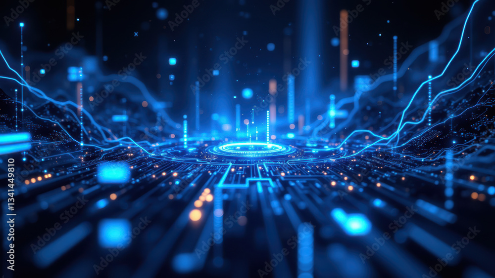Poster futuristic cyber security and technology infographic with glowing blue neon lights, data processing 