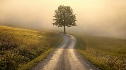 Fototapeta premium A misty morning road with a single tree in the middle, sunbeams breaking through the fog