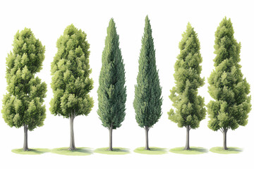 Green Canopy Array: A collection of diverse trees with lush green foliage stand gracefully, each boasting a unique silhouette, against a clean background, showcasing the beauty of nature.