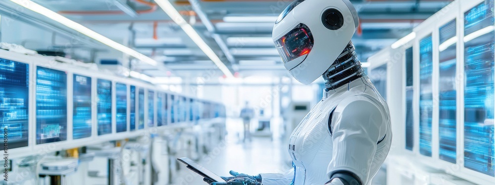 Poster futuristic robot with touchscreen device in a high-tech environment