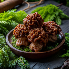 Plate of freshly harvested edible false morels (Gyromitra esculenta) surrounded by greenery in a rustic kitchen setting