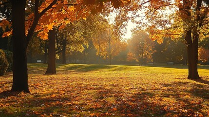Fototapeta premium Golden autumn park with colorful leaves gently falling, bathed in warm light. A serene moment of nature's beauty and tranquility