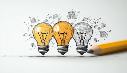 Handdrawn concept of three pencils with lightbulb ideas, representing brainstorming and creative concepts, on a clean white background, ultrarealistic 3D render, 8K UHD quality