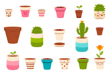 A collection of various decorative and clay flower pots, some empty and others with plants, succulents, or cacti. Perfect for gardening, botany, and home decor projects.