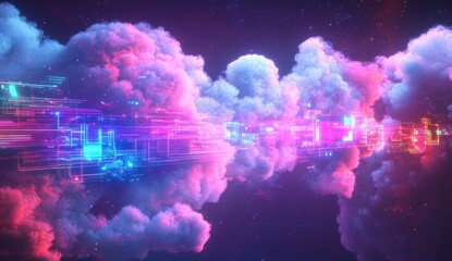 Digital cloudscape, neon lines, cosmic, futuristic background