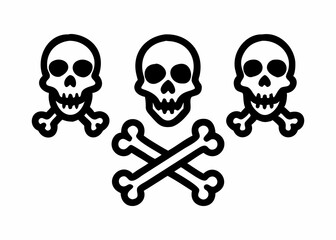 Simple, bold graphic of three skull and crossbones symbols against a plain white background.