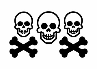 Simple, bold graphic of three skull and crossbones symbols against a plain white background.