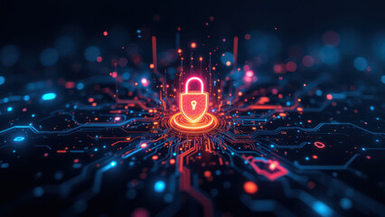 Cybersecurity concept with Kubernetes container protected by lock icon against digital glitch background.