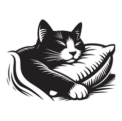 A Cat Sleeping with pillow silhouette vector style on white background.