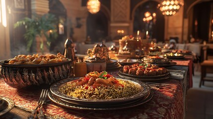 Fototapeta premium Festive Eid Table Featuring Delicious Biryani Kebabs and Sweets
