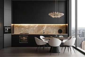 Modern kitchen interior design with dining table and cityscape view