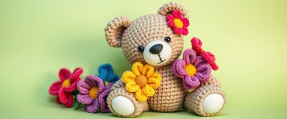 Adorable crocheted teddy bear adorned with colorful yarn flowers, pastel green backdrop , whimsical, floral