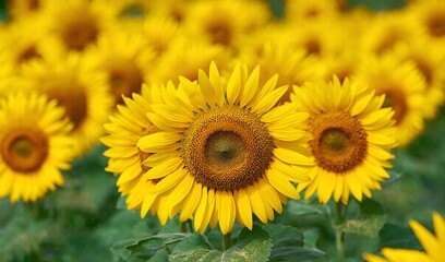 Obraz premium Sunflower field. Sunflower blooming in the garden. Sunflower natural background. 