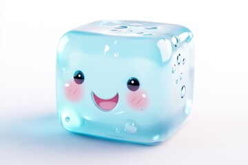 A cute, smiling ice cube with water droplets, digitally rendered.