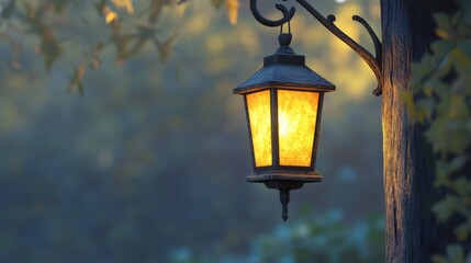 Glowing lantern hanging on a tree in misty autumn.