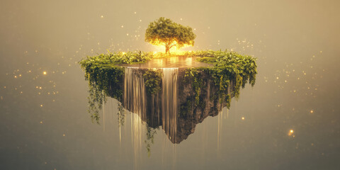 A surreal 3D background depicting a floating island with lush greenery, waterfalls cascading into the void below, and soft golden light illuminating the scene. The dreamlike setting evokes a