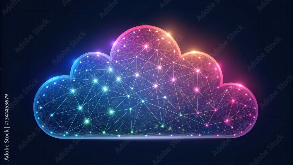 Poster digital cloud icon with interconnected lines and glowing accents on a dark background.