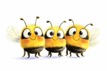 Fototapeta premium Buzzing with Charm: a trio of adorably illustrated bees stand together, exuding happiness with their big smiles and playful poses, perfect for bringing joy to any project.