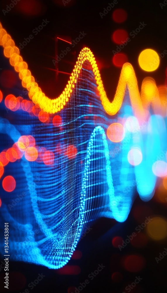 Poster abstract neon wave visualization, glowing light, flowing structures and curves, deep bokeh pattern