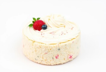 A fluffy, frosted cake sits on a pristine white background, buttercream, homemade