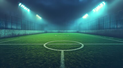 Empty Soccer Field at Night, Illuminated by Floodlights, Ready for a Game Under the Stars