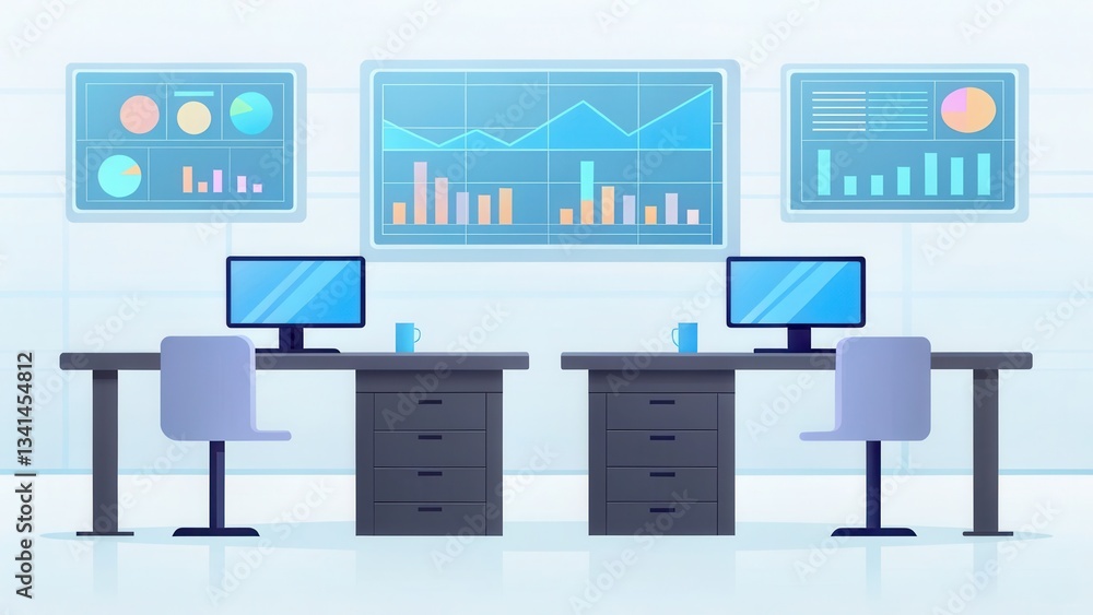 Poster modern office workspace featuring two desks with computers and data charts on the walls.